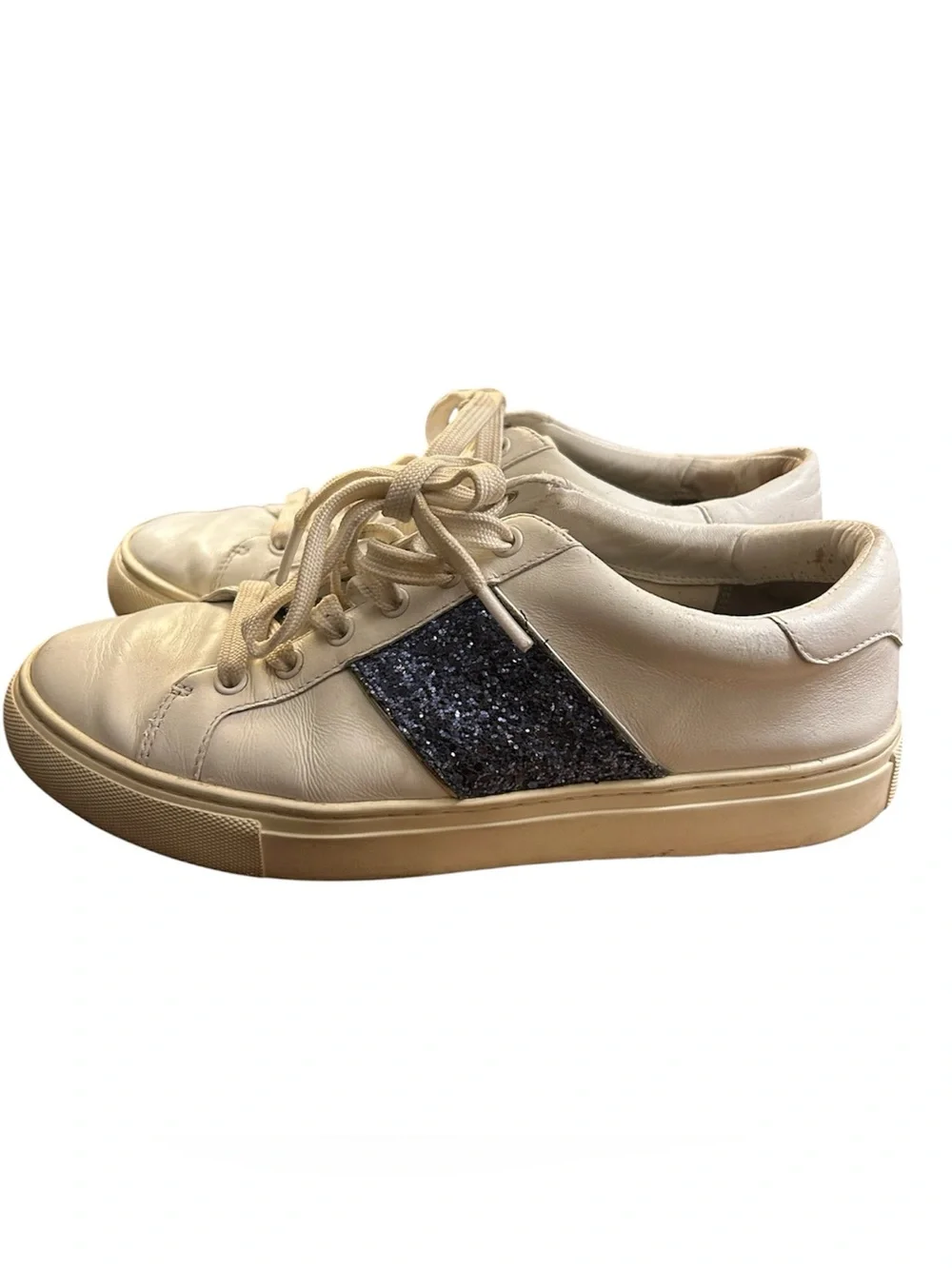 Tory Burch Carter White Leather Blue Glitter Sneakers Size 8M